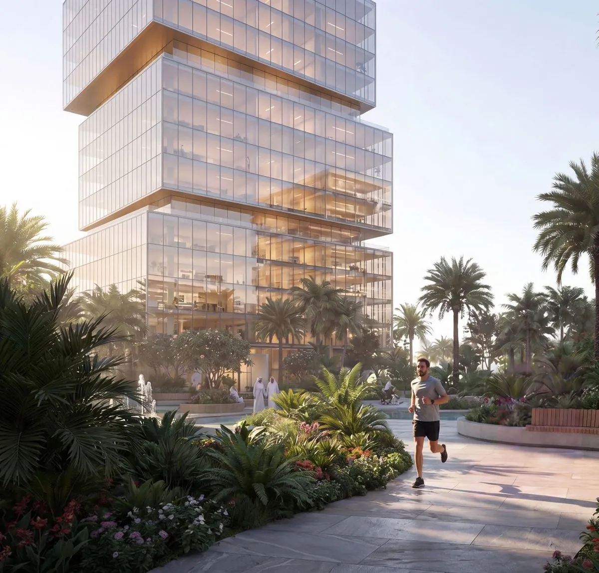 RAW District landscaped podium at dusk