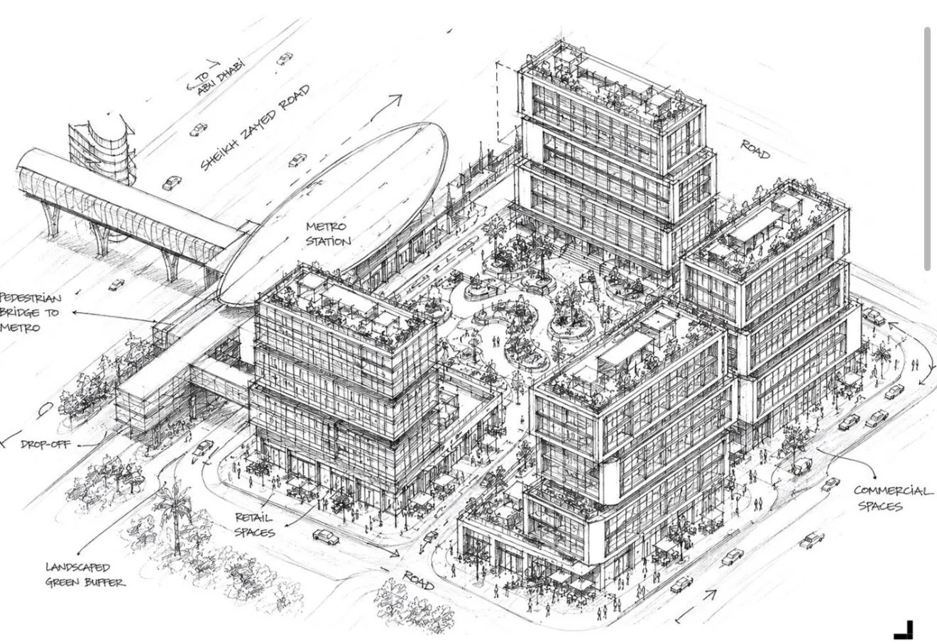 RAW District massing study — Sheikh Zayed Road frontage, the direct pedestrian bridge to the metro station, landscaped green buffer, retail podium and commercial blocks