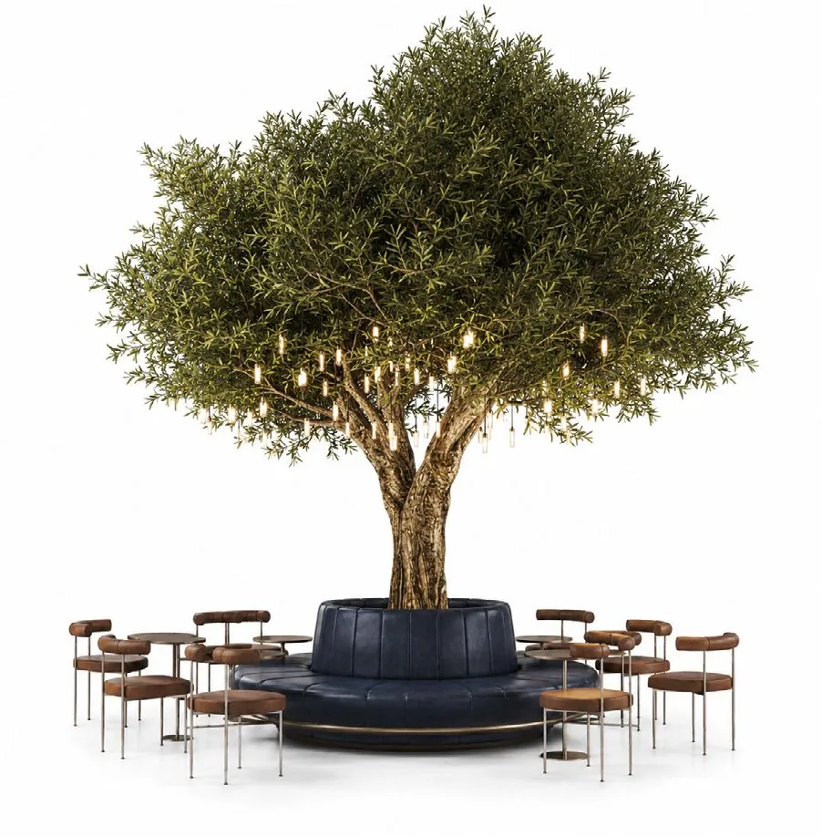 The Leather Circle — a living tree encircled by leather seating in the lobby