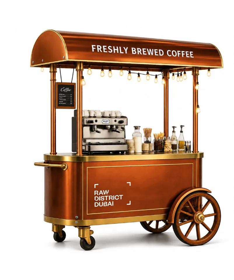 Street Ritual Cart — a chrome, warmly lit vendor cart in the lobby